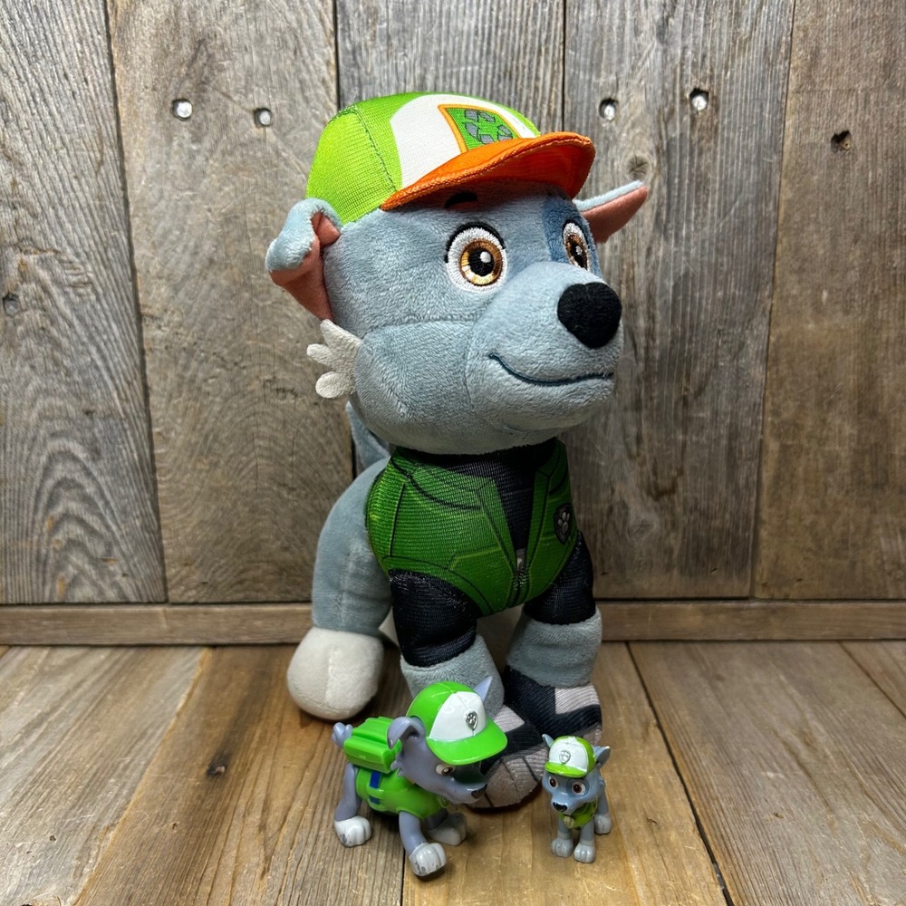 Paw Patrol Big Truck Pup Rocky Plush and Action Figure Lot Recycling Dog 3pc Set